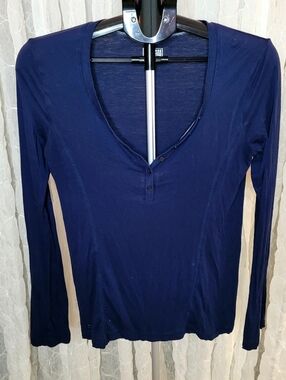 Converse One Star Retro Y2K Azure Navy Blue Henley V Neck Flared Sleeve Top